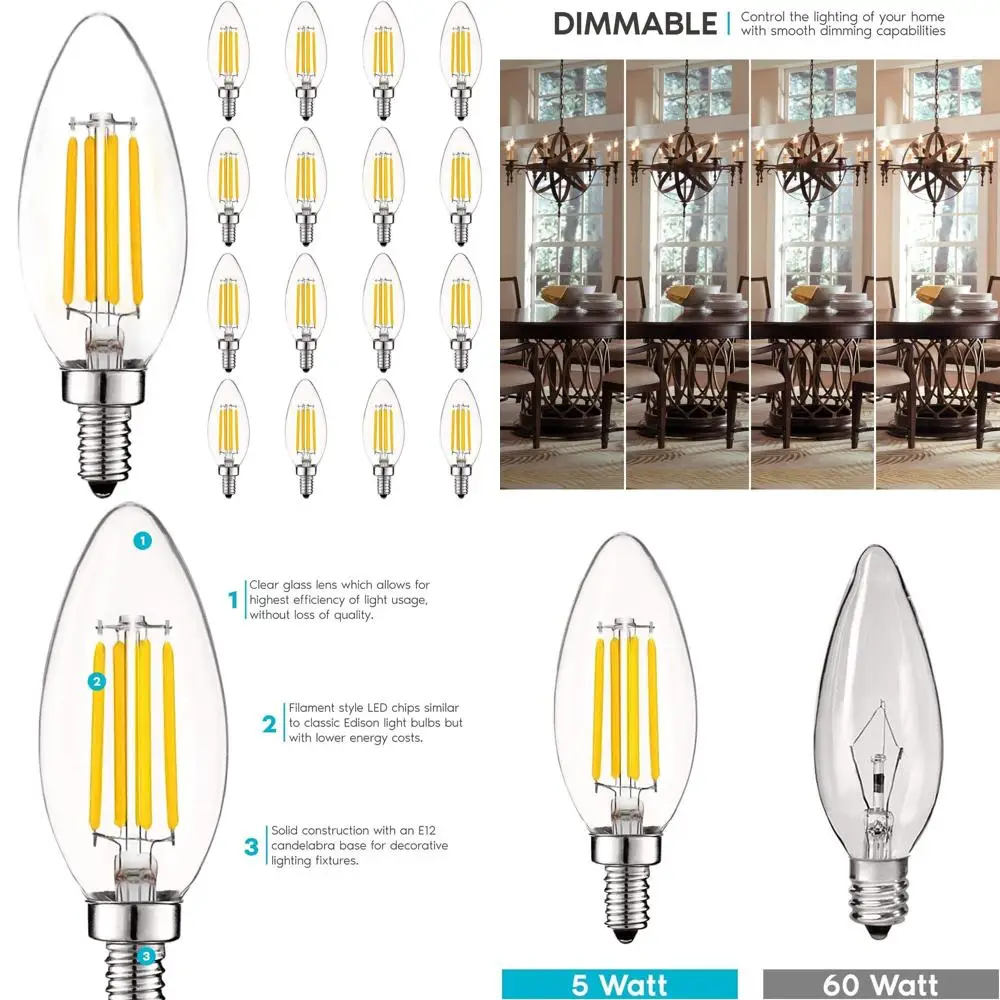 

60W LED Vintage Candle Bulb, 550 Lumens, 3000K Soft White, Dimmable, Clear Glass, E12 Base, 16 Pack