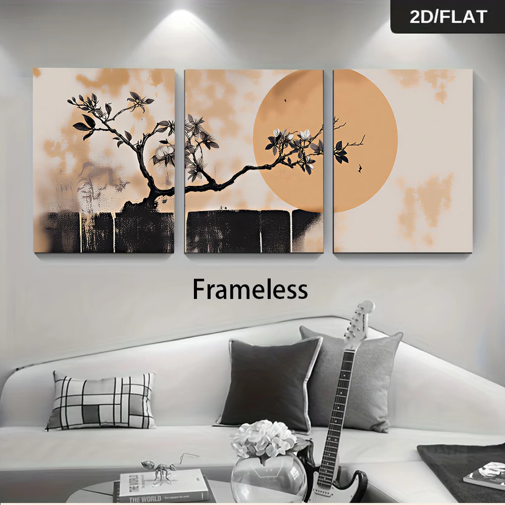 1 set of Neo-Chinese Zen-inspired three-panel frameless decorative paintings: ink wash plant and moon art 2D flat design