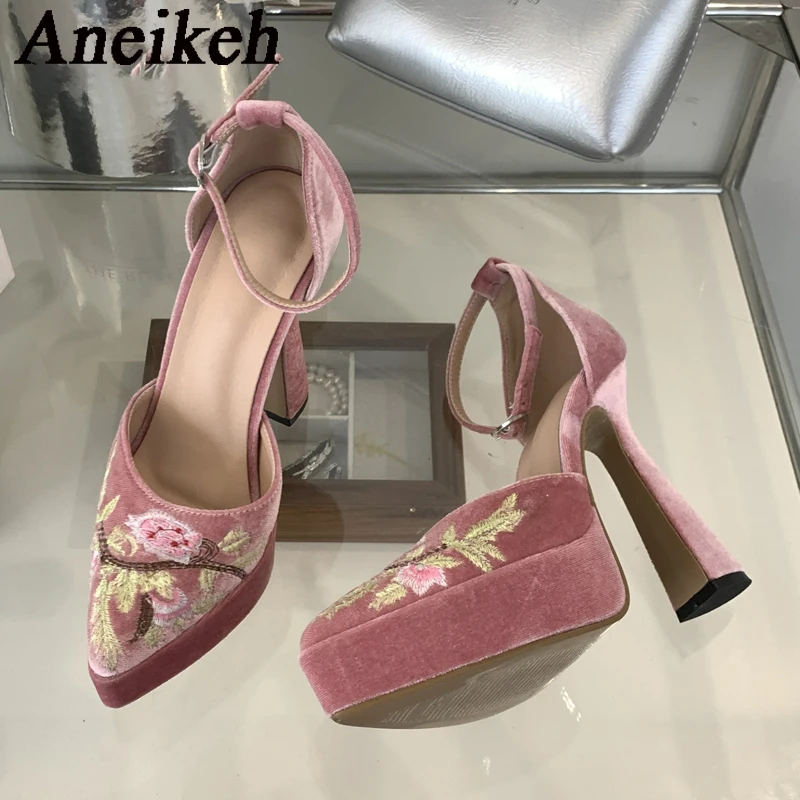 Aneikeh Spring Fashion Embroidered waterproof Platform Stiletto High Heels  Nightclub Stripper Buckle Strap Shoes Pumps Woman