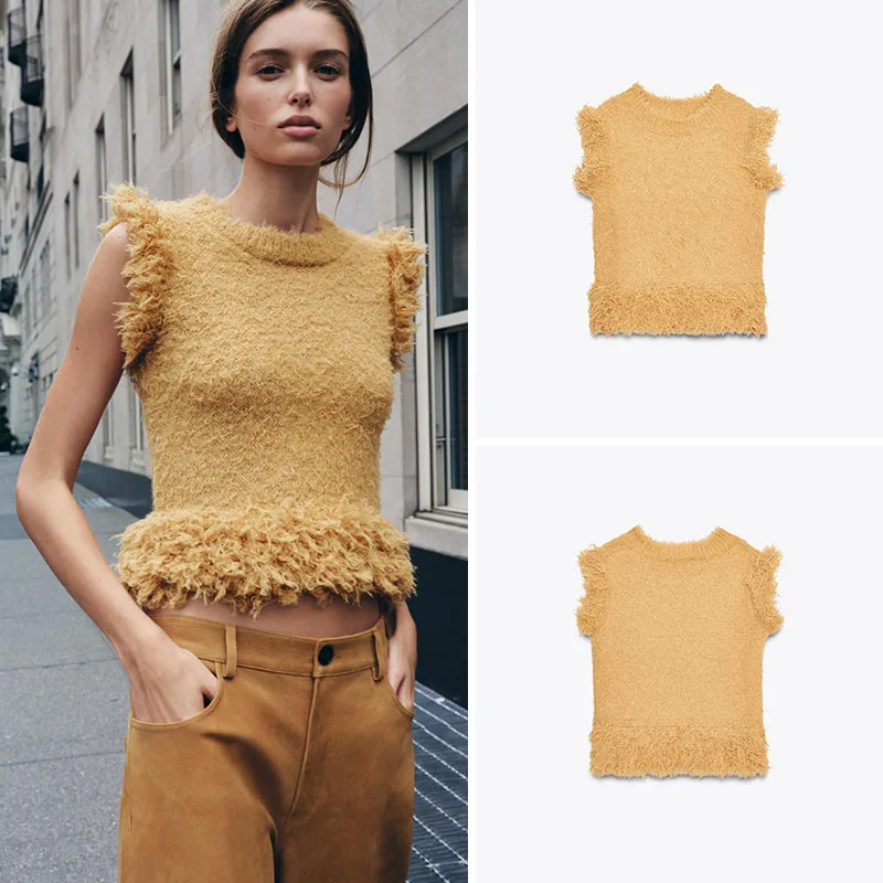 

New Women's round Ne Artificial Fur Effect Svel Knitted Top Casual Sle Comfortable Material Outerwear Single Piece