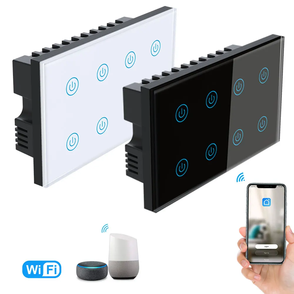 8 Gang Wifi Smart Wall Switch 4x4 Brazil Touch Light Interruptor Glass Panel Tuya SmartLife App Works with Alexa Google Home