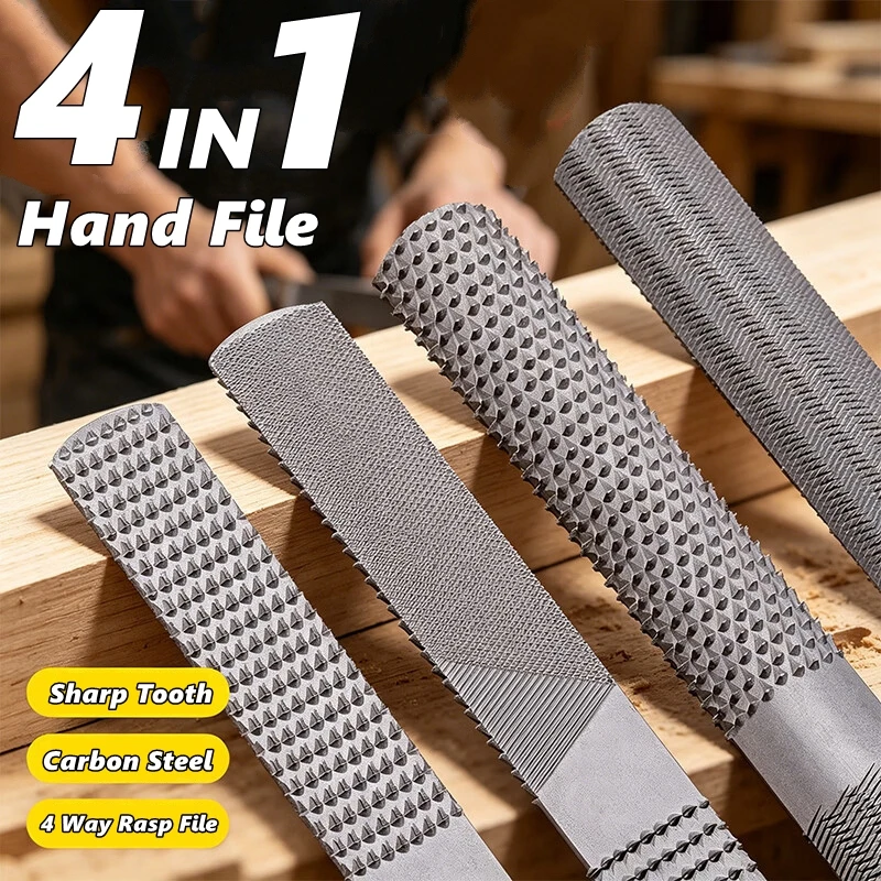 Wood Rasp File 4 In 1 Hand File and Round Rasp, Half Round Flat & Needle Files Wood Rasp Set for Sharping Wood and Metal Tools
