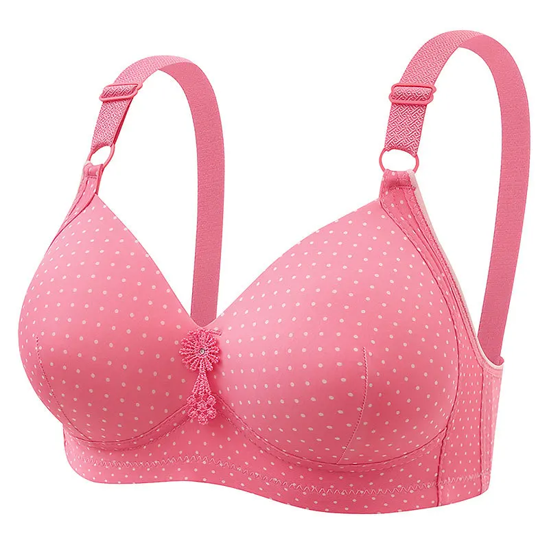 Printed Polka Dot Wireless Plus-Size Ladies Lightweight Breathable Girl's Bra Three-Row Hooks Middle-Aged Women Brassiere Daily
