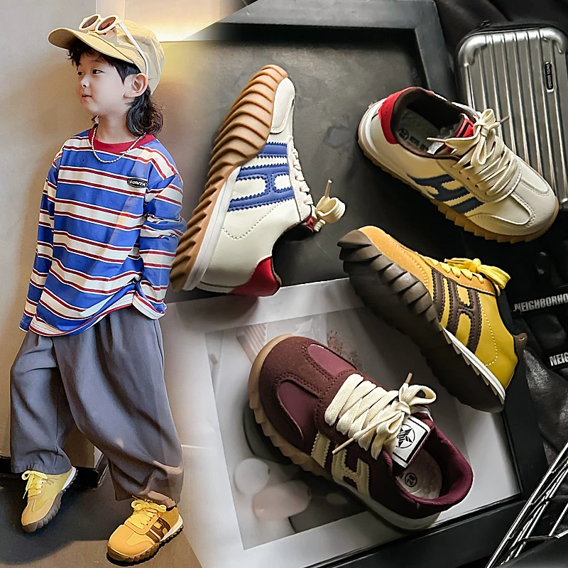 

Children's board shoes, low cut lace up boys' casual shoes, spring and autumn new styles, girls' single leather anti slip shoes