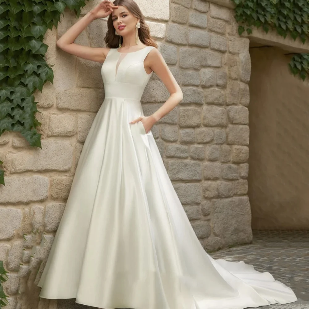 

Simple Elegant Customized Wedding Dresses A Line Bride Robe Tank O Neck Bridal Gowns Button New Vestidos De Noiva