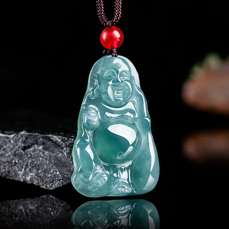 

Natural Burmese Blue Emerald Maitreya Buddha Pendant Necklace Hand-carved Fashion Charm Jewelry Amulet Gift for Women Men Luxury