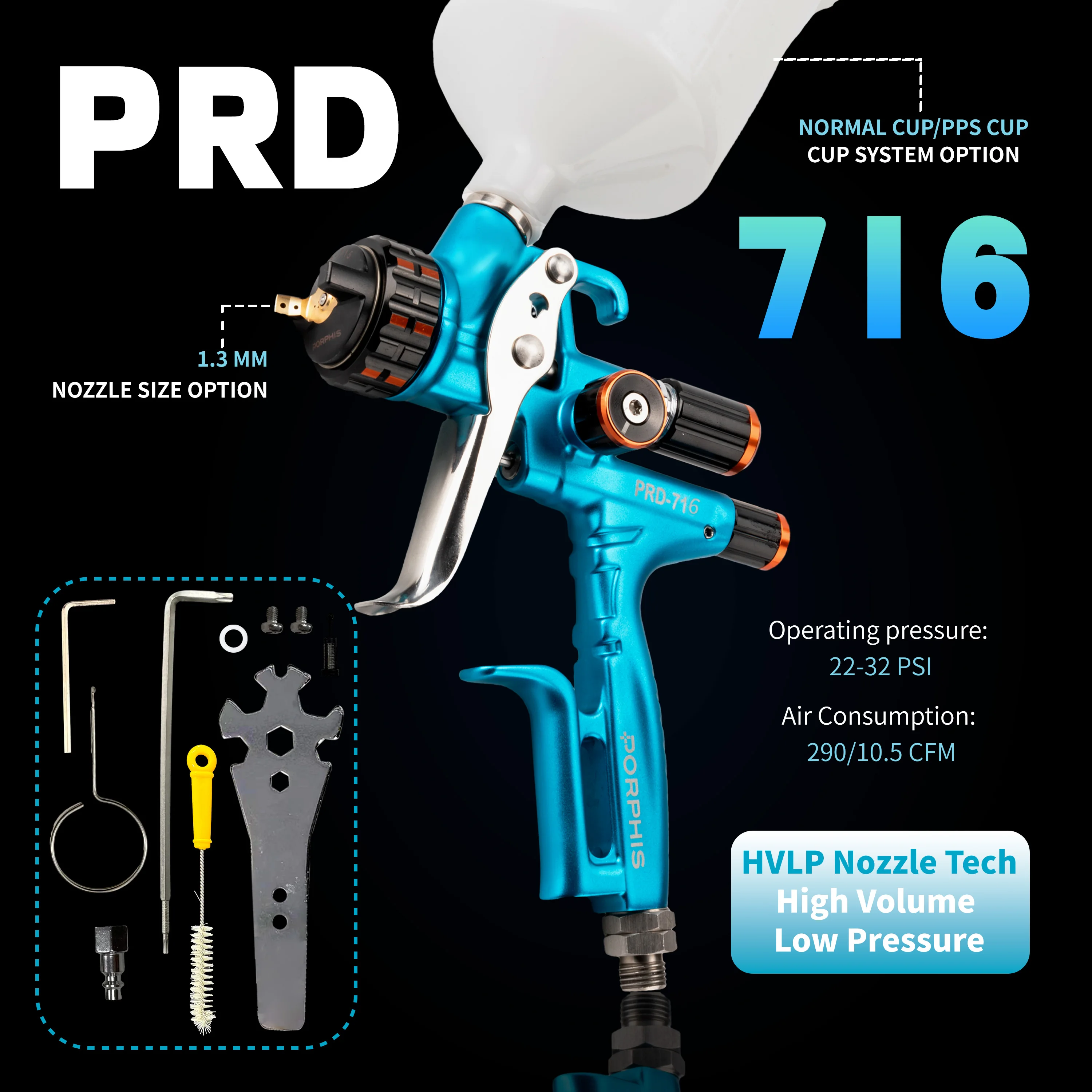PORPHIS PRD-716 HVLP 1.3mm Gravity Spray Gun with Air Pressure Regulator Gauge Fine Atomization Automotive Base Coat Paint Gun