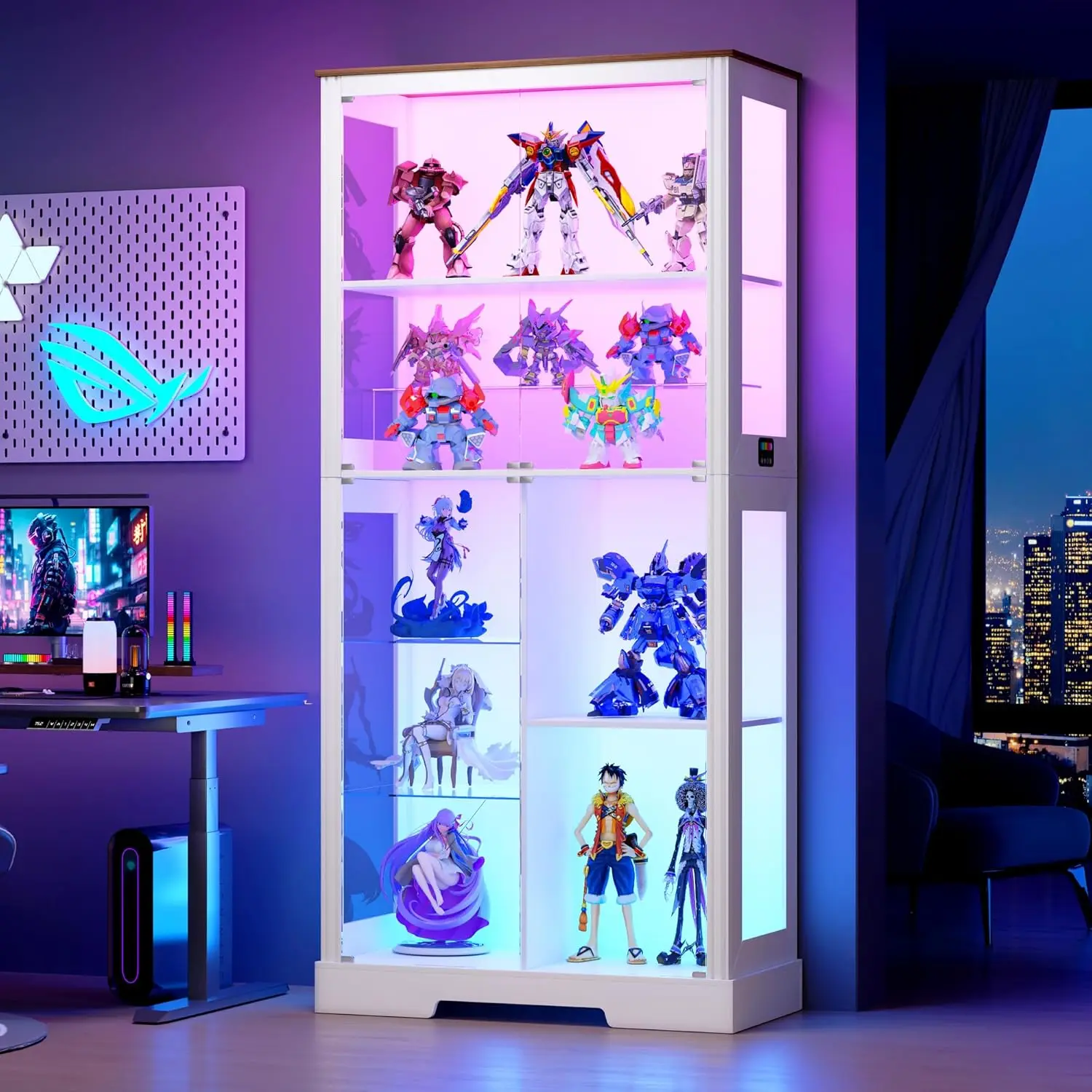 

Glass Display Cabinet with RGB Lights, 71'' Curio Cabinet with Glass Doors, 5-Tier Display Cases and Human Sensor, Customized