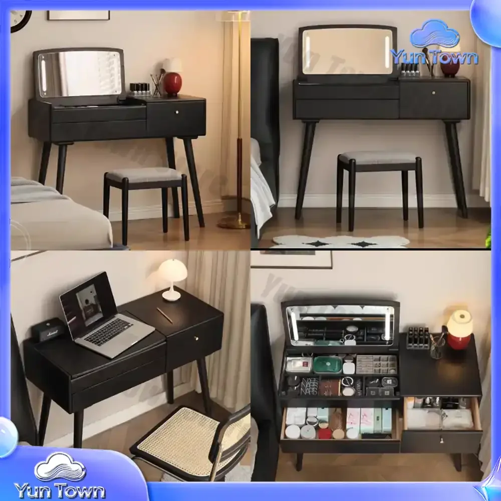 Vintage Wood Vanity Table Black Bedroom Makeup Mirror Dressing Table Chair Luxury Mid Century Large Penteadeira Trendy