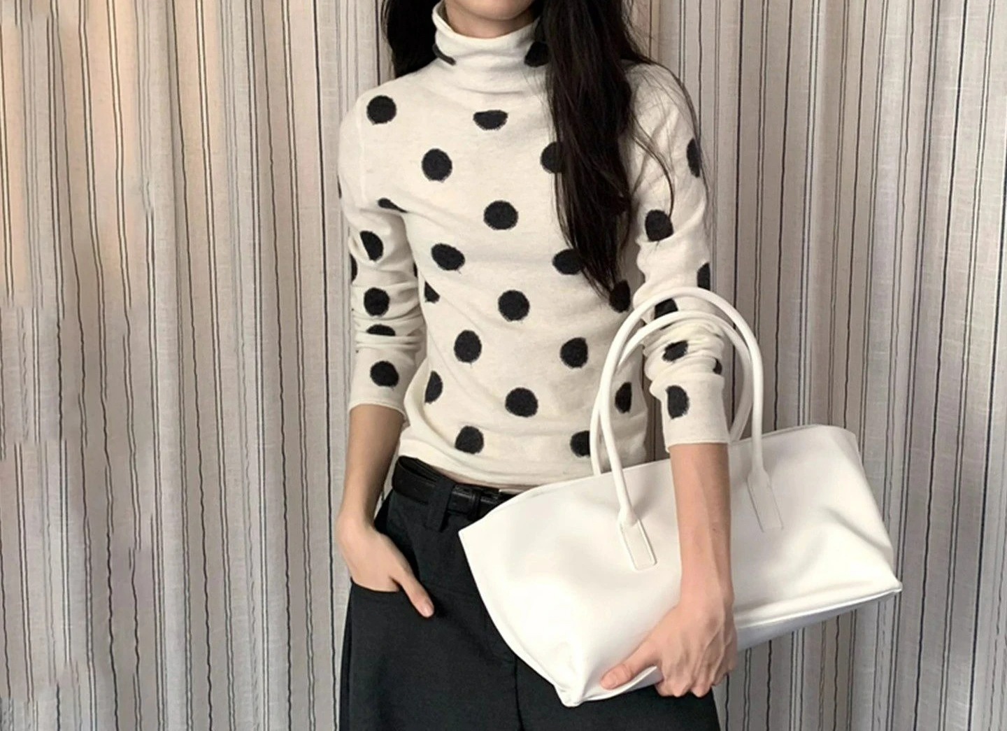 

Polka Dot Printing Autumn and Winter Wear Turtleneck Base Women Long Sleeves Slim and Thin High-end Outer Wear Women