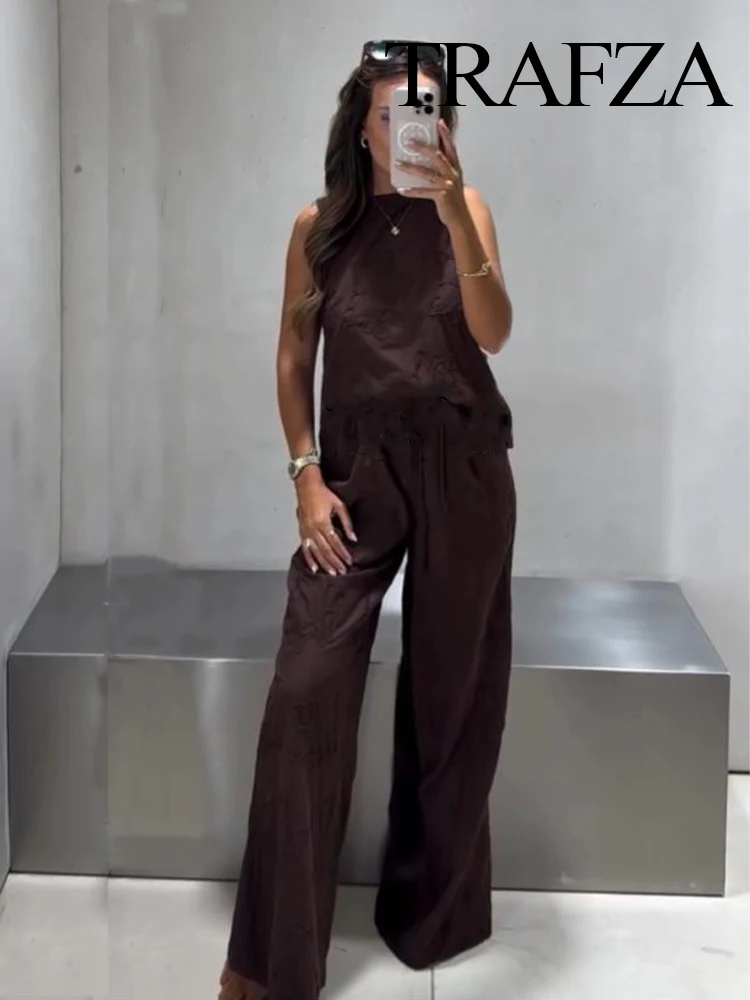 

TRAFZA 2025 Women Trouser Suit Casual Embroidered Round Neck Sleeveless Slim Top+Elastic Waist Drawstring Loose Long Pants