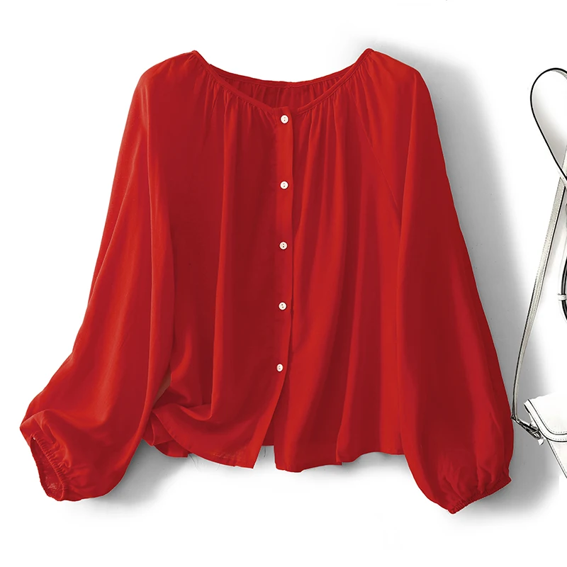 

Women's Long Sleeve Red Cotton Shirts Cardigan Summer Vintage Button-Up Blouses Casual Loose Cover Ups Tops