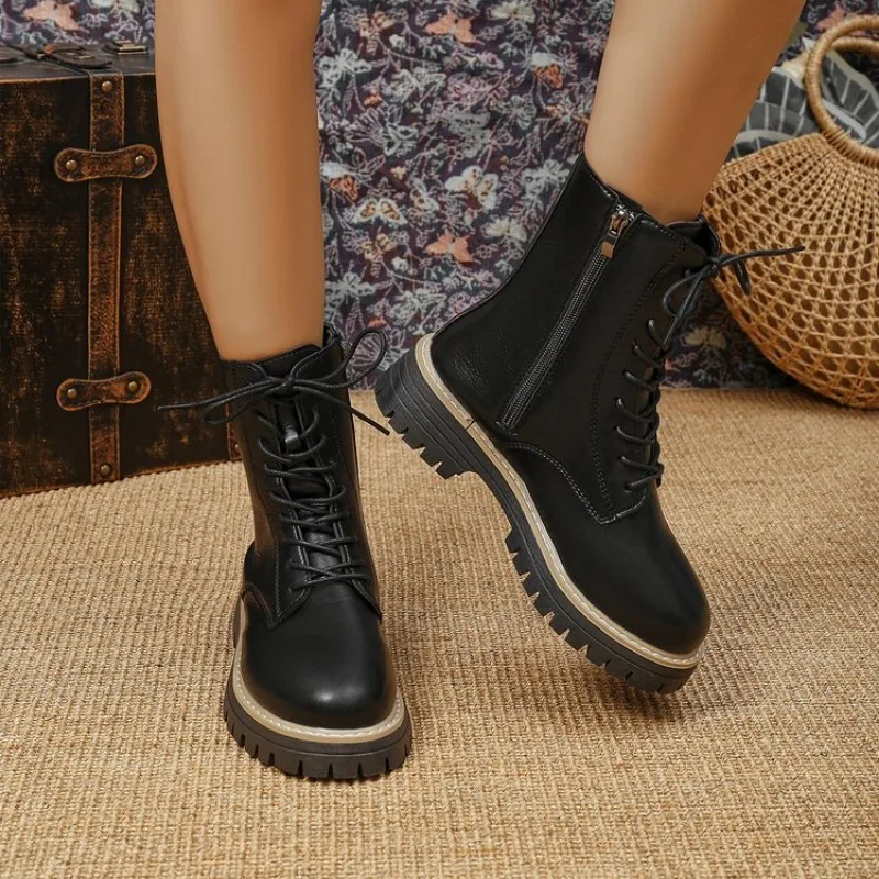 

Autumn new mid length Boots Black anti slip trendy Footwear Fashion laceup boots Ladies thick heeled casual shoes Botas Zapatos