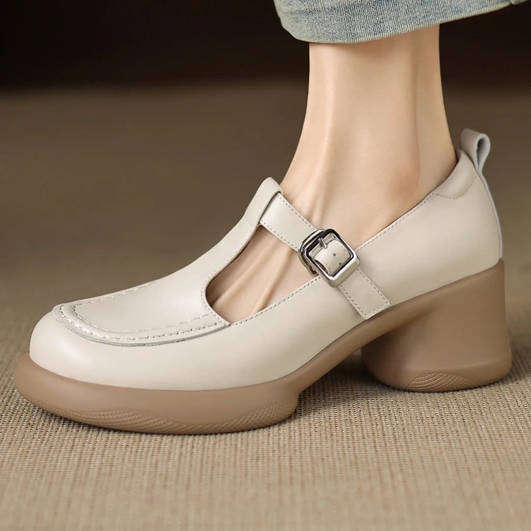 

Женские туфли-лодочки без шнуровки из коровьей кожи с узким ремешком и Т-образным ремешком, круглые мокасины на платформе и массивном каблуке 6 см, женские туфли на каблуке