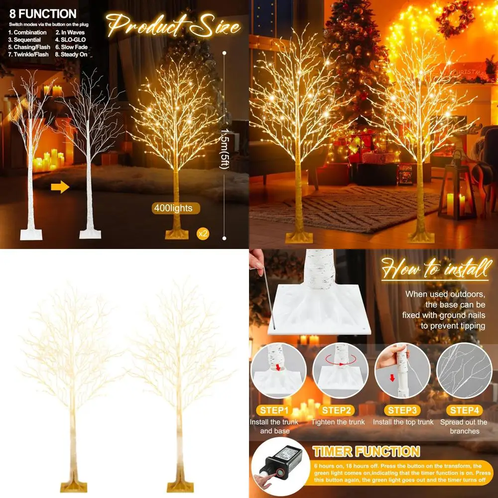 

2 Pack 5ft 400 LED Birch Trees with 8 Lighting Modes, Warm White for Indoor/Outdoor Christmas and Thanksgiving Decor