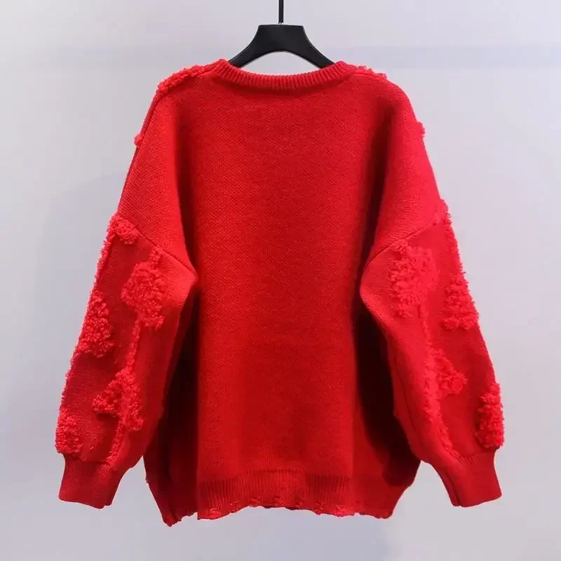 DAYIFUN-Heavy Craft Sweater for Women Jumpers Ladies Loose Knitted Tops Red Christmas Tree Autumn Winter O-neck Knit Pullovers