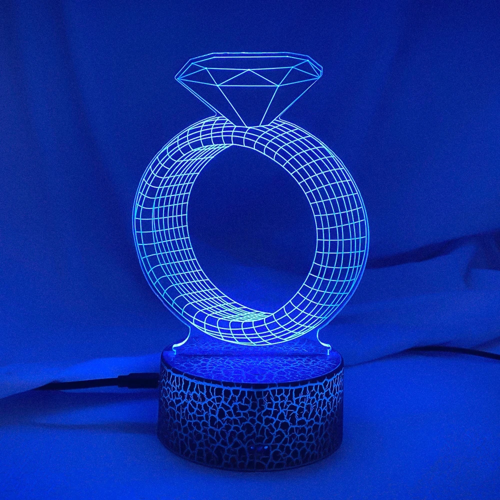 3D LED Night Lamp Romantic Diamond Ring Hologram Acrylic Laser Engrave Nightlight for Adult Bedroom Decoration Atmosphere