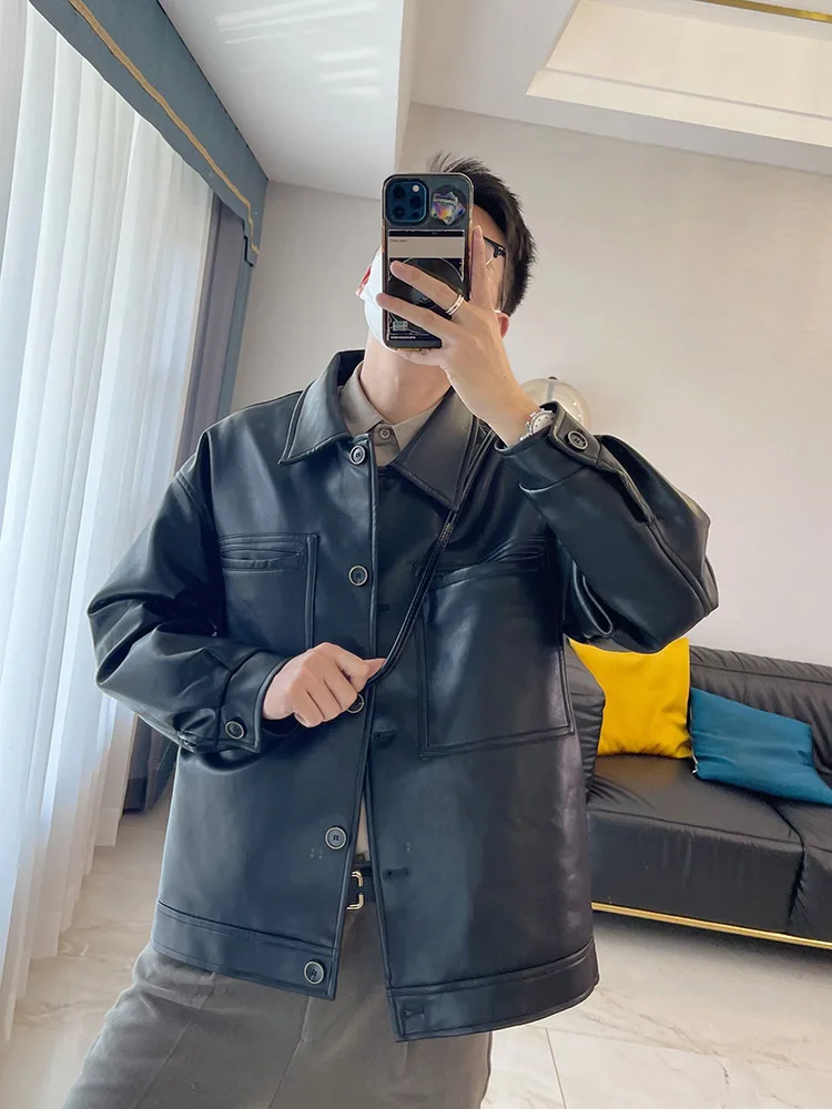 

Casual Loose Men's Leather Jaet Autumn Faionable Retro Streetwear Biker Jaet Youthful Energy Sle Fake Leather Coat