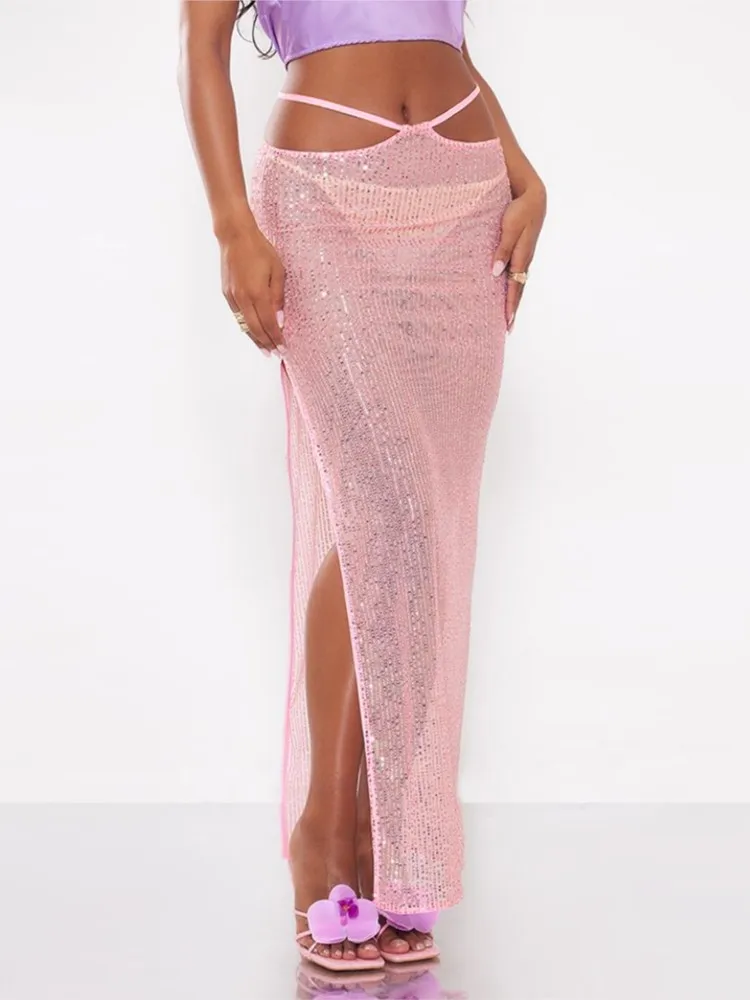 

Fashion Solid Beach Sequin Women's Casual Lace Up Low Waist Slit Maxi Skirt Summer 2026 New Beachwear Spice Girl Bikini Cover Up