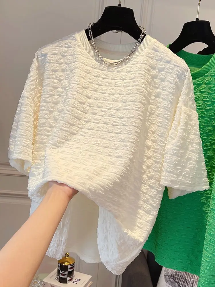Fashionable and versatile casual pleated texture,  design, short sleeved T-shirt  women t shirt  harajuku