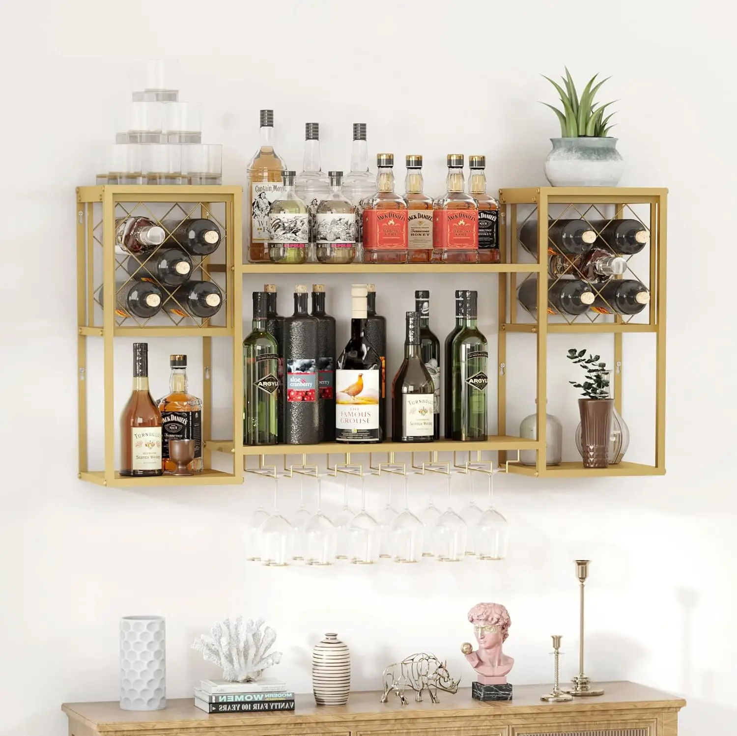 

Modern Metal Wall Mounted Wine Rack with Glass Holder, Multi Functional Bar Shelves for Home Kitchen, 47.3" L x 9.9" W x 23.6" H