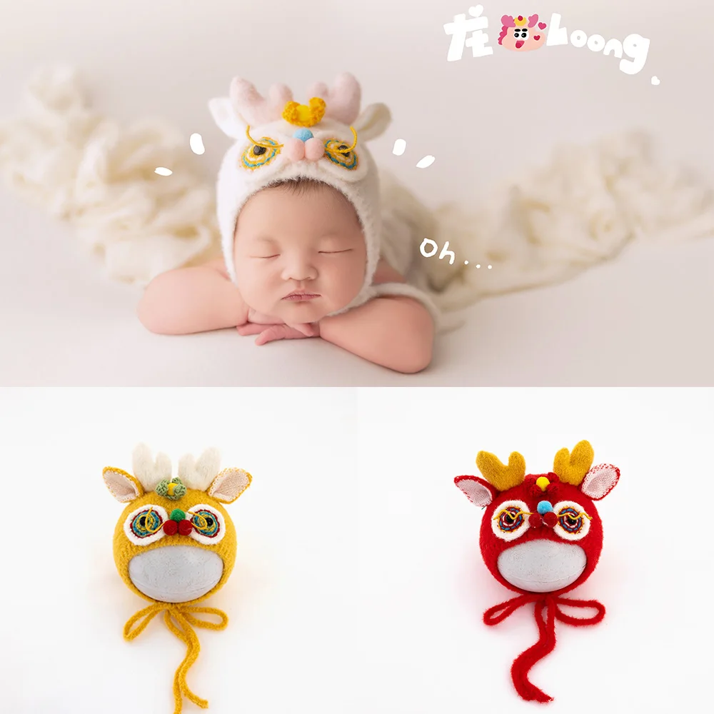 Dragon Year Theme 0-1 Months Newborn Knitted Hat for Girls and Boys Studio Babies Dragon Image Caps Photography Outfits Props