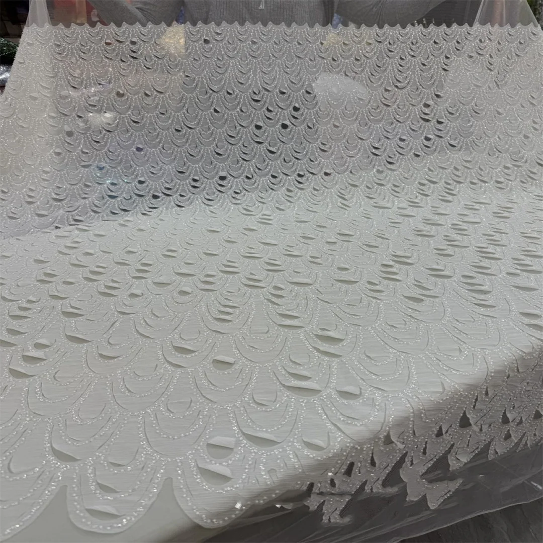 3D Flowers French Lace Beaded Embroidered Sequin Tulle Fabric for Bridal Dresses Children Clothing Wedding Kids Apparel Material