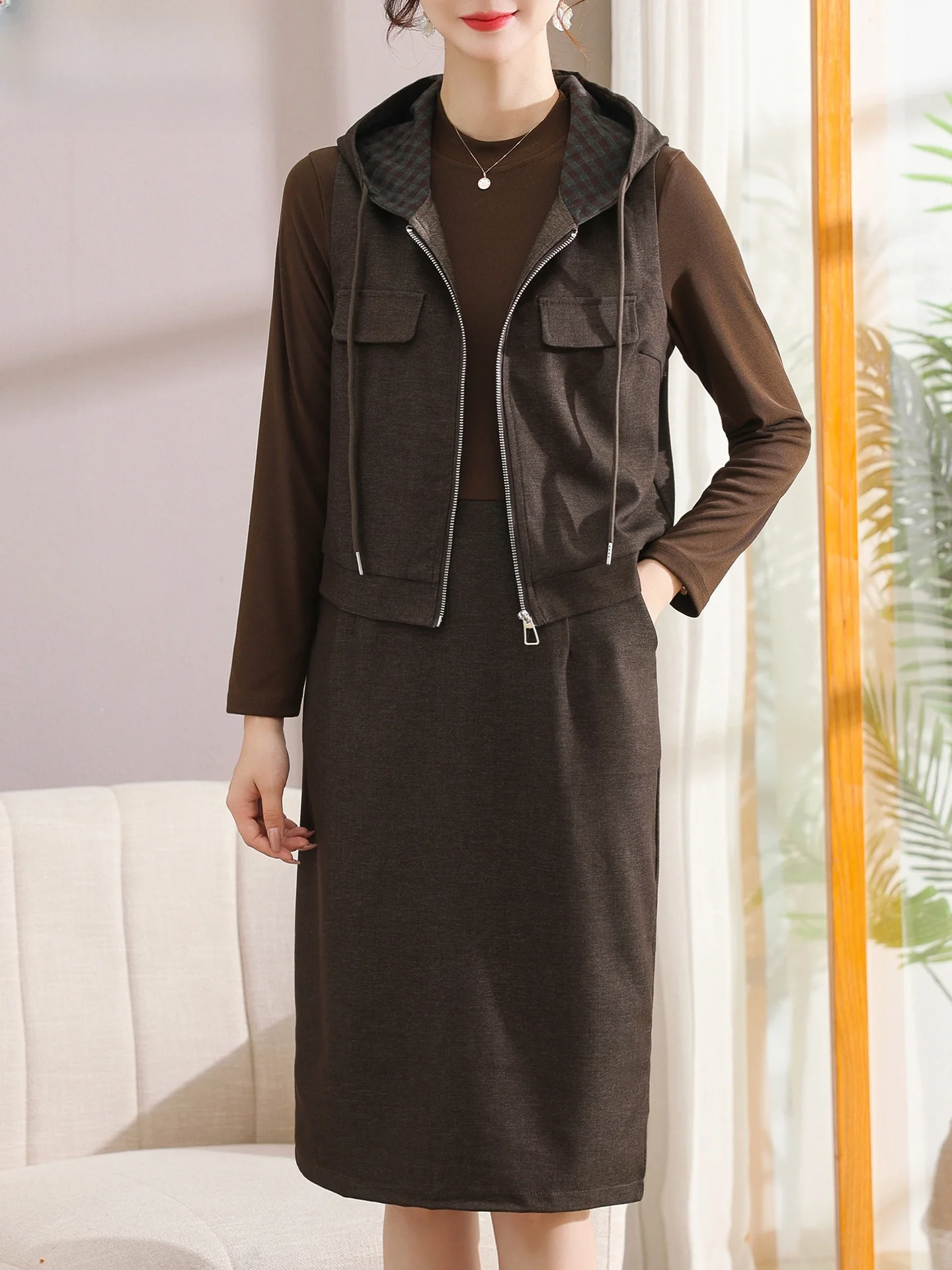 

Ele Mid-Aged Women's Autumn Dr Set 2025 New Sle Two-Piece Suite Faion Loose Fit Zipper Closure Midi Dr