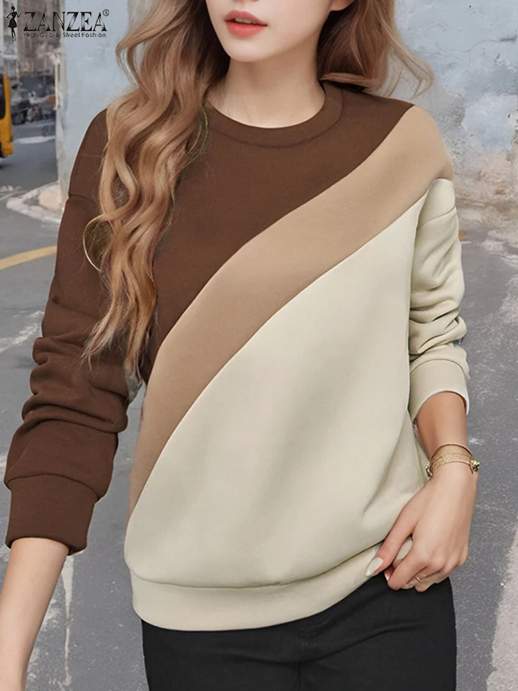 ZANZEA Holiday Autumn 2024 Hoodies Women Colorblock Sweatshirts Casual Loose Long Sleeve Simple Pullover Fashion O-neck Jumpers