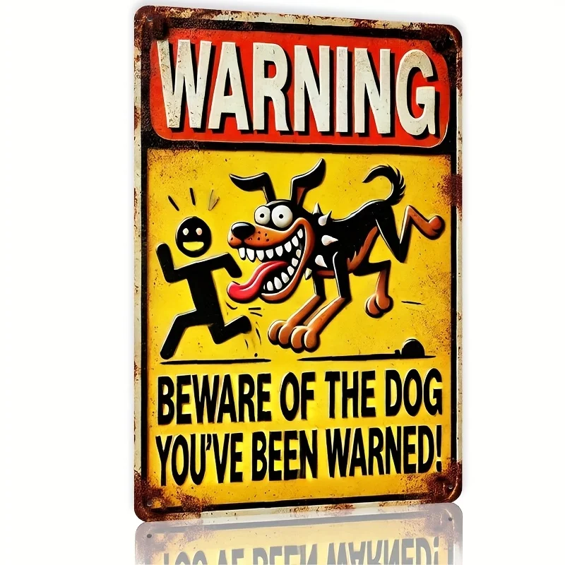 1 Vintage-Wanddekoration aus Metall |   Humorvolles Cartoon-Hundeschild „Vorsicht vor dem Hund“ in Gelb und Schwarz, Geeignet für Bars