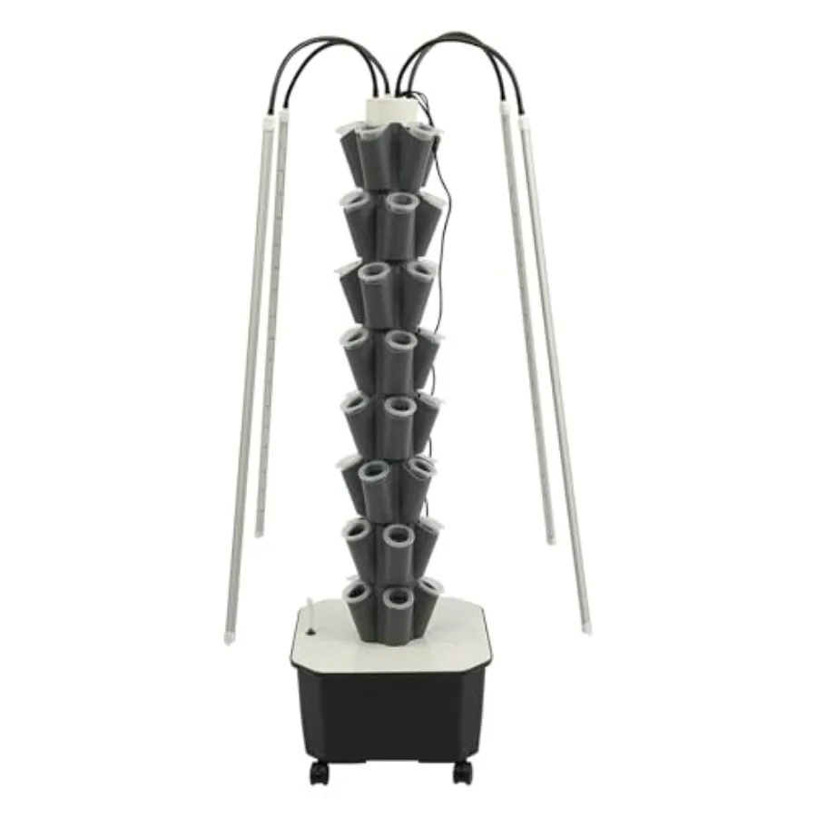 Hydroponic Tower for indoor gardening, food-grade plastic, white, 40-plant capacity with integrated LED grow light and self-wat
