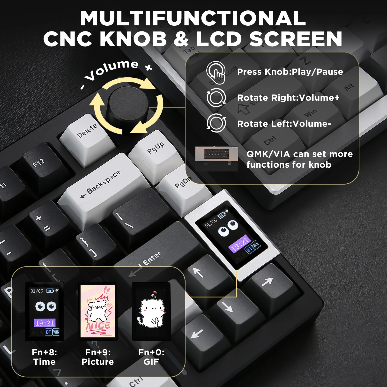 YUNZII AL80 Black Mechanical Keyboard, Hot Swap Wireless QMK/VIA Aluminum Gaming Keyboard with Smart LCD Display&Functional Knob