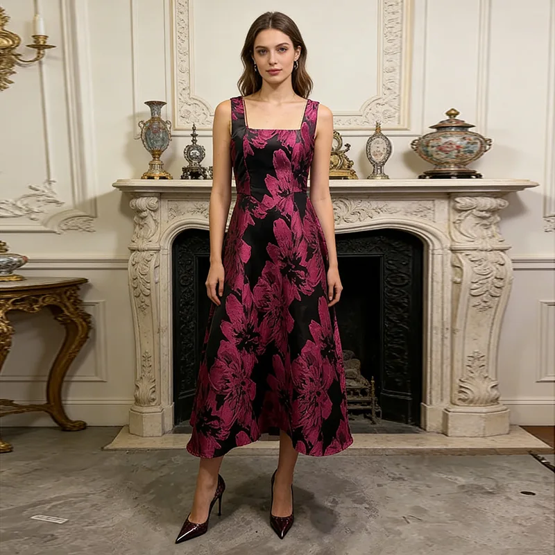 

High Quality Square Neckline Straps Dresses Spring Women Sleeveless Big Swing Dress Autumn Female High Waist Knee Length Dress