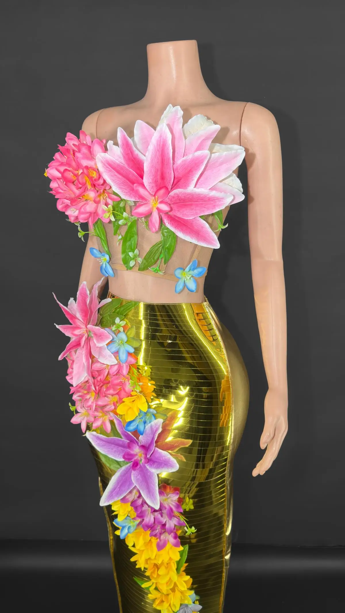 ZD "Sexy Sheer Flower Dress – Mesh See-Through Evening Outfit for Dance, Stage Show & Celebration Events"
