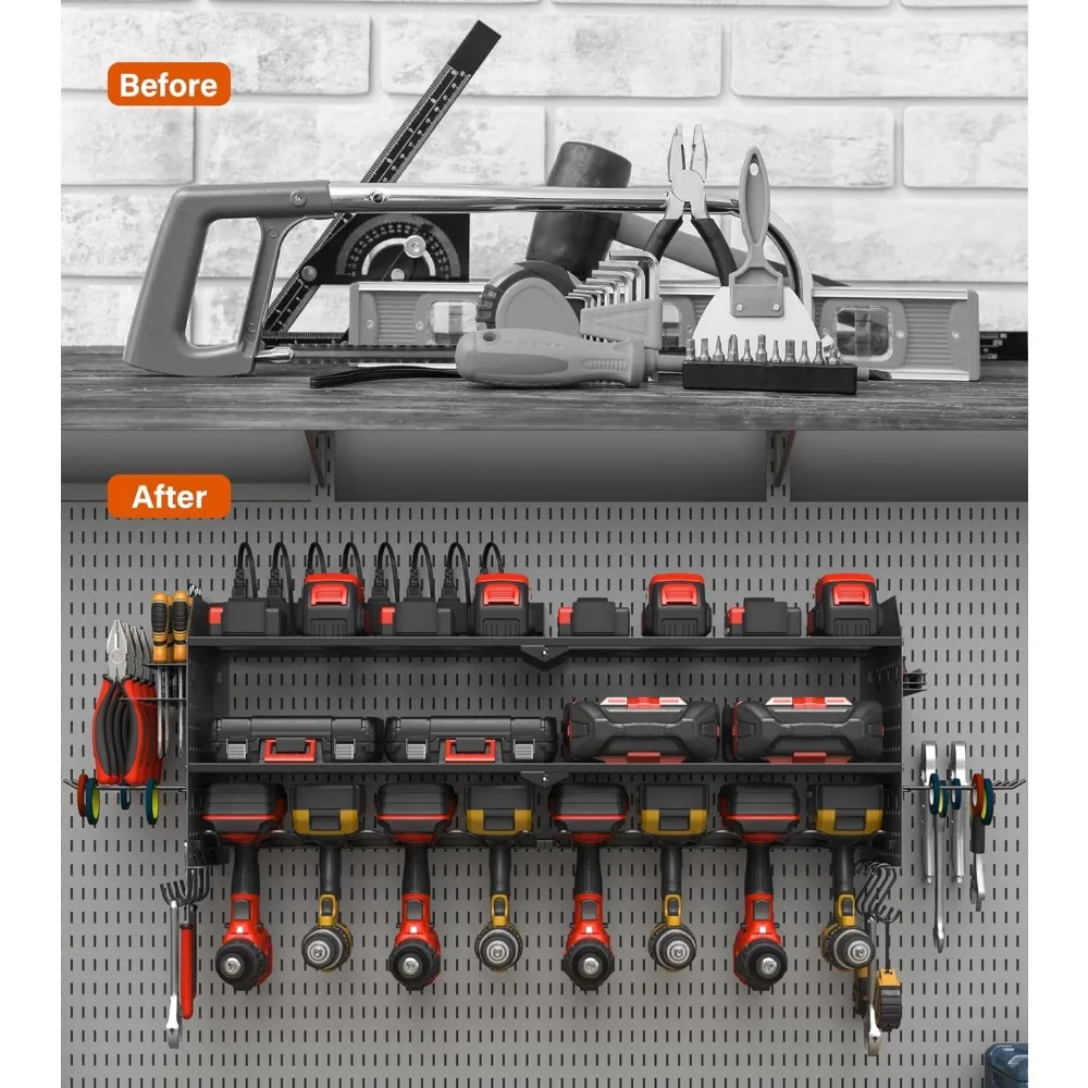 JUNNUJ Large Pegboard Power Tool Organizer with Charging Station, 8 Drills Driver and Tools Battery Holder Wall Mount