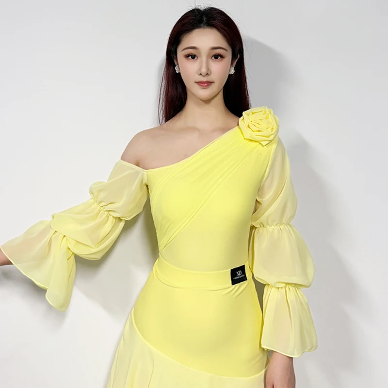 

Топ для бальных танцев со спущенными плечами, рукава-фонарики, для взрослых, для соревнований по латиноамериканским танцам, женская одежда для вальса и современных танцев XS11241