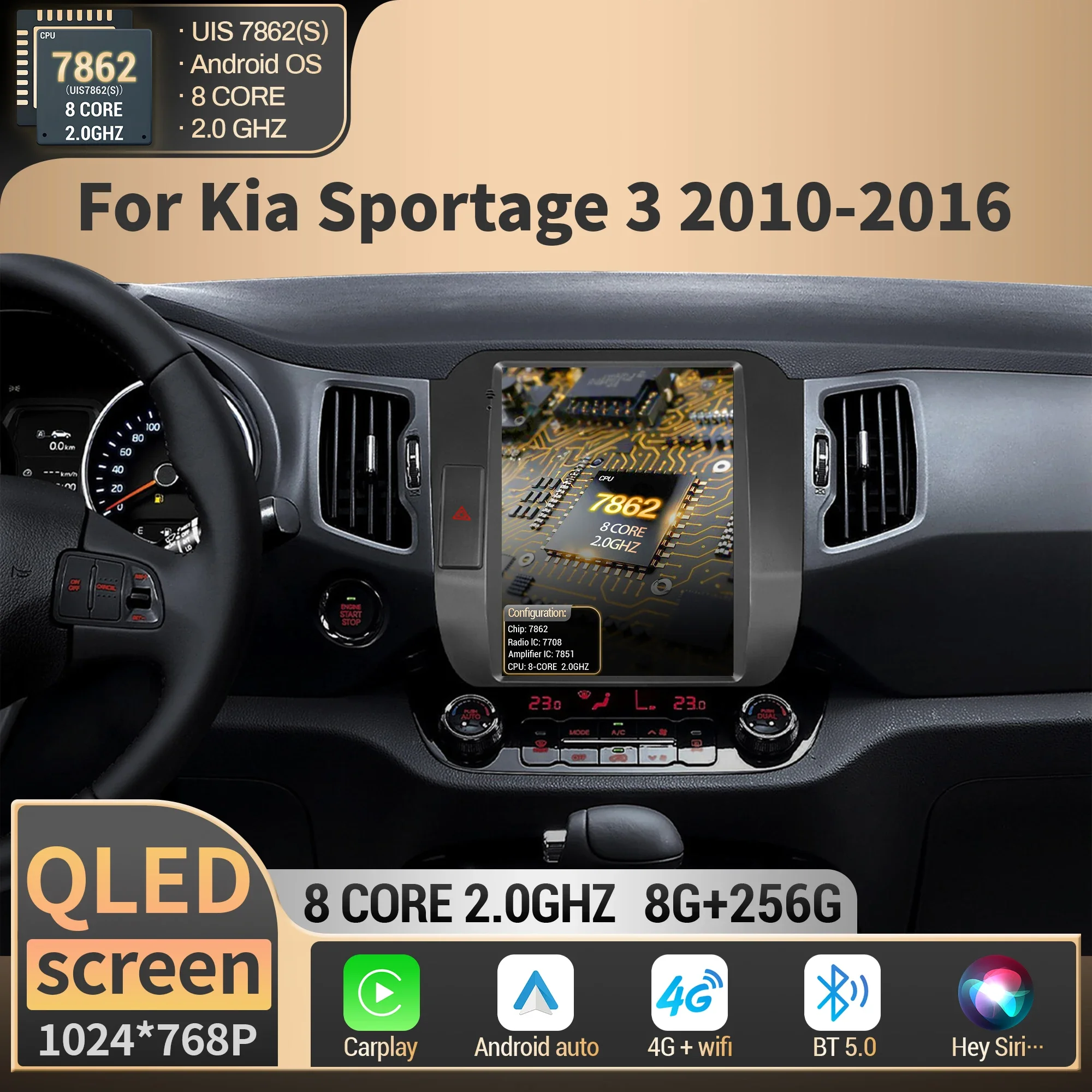 9.7 Inch For Kia Sportage 3 2010 2011 2012 2013-2016 Car Radio Wireless CarPlay GPS Navigation Multimedia Head Unit QLED Screen
