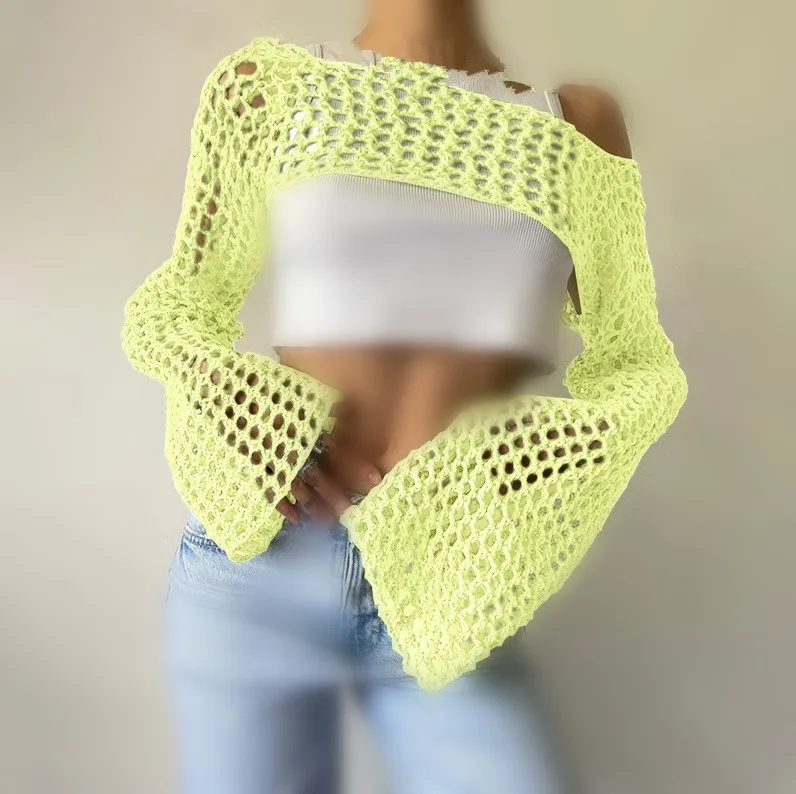 Summer Woman Cardigan Round Neck Long Sleeve Knit Cardigan Loose Cropped Open Front Cardigan Pink Bell Sleeve Knit Sweater view 2