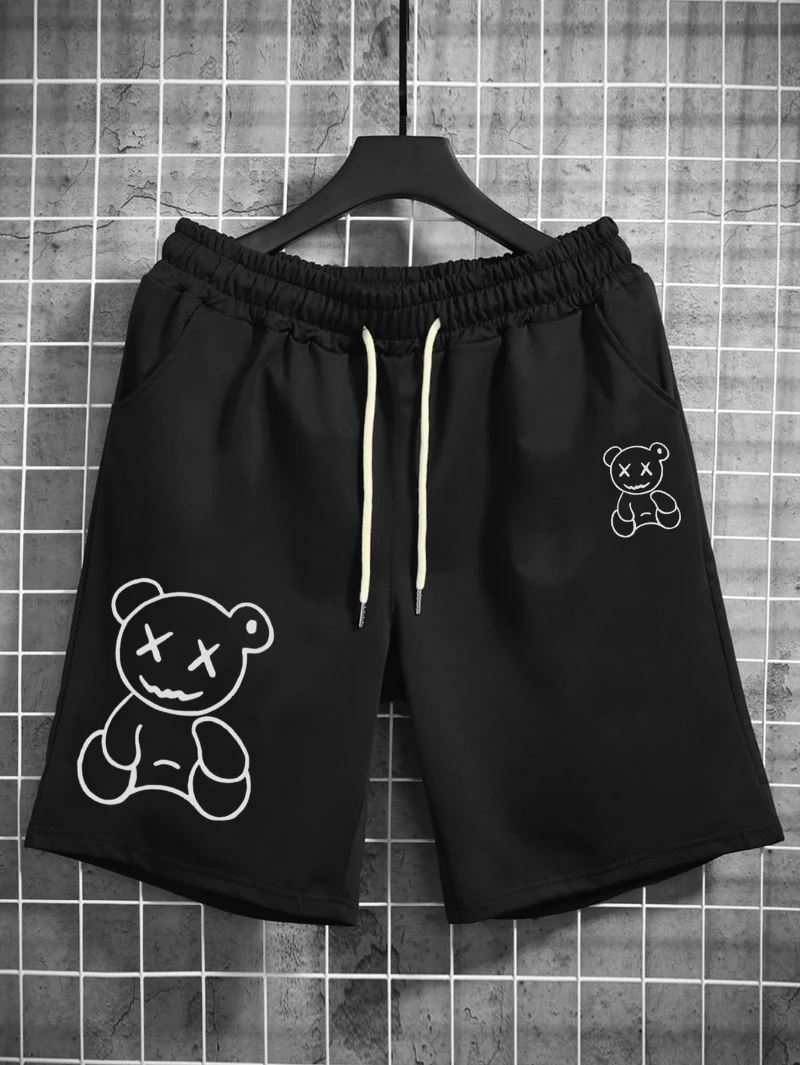 

Homme Men's Casual Bear Print Drawstring Waist Shorts Summer Graphic Funny Boyfriend Gift Graphic Men Shorts, Emo Shorts