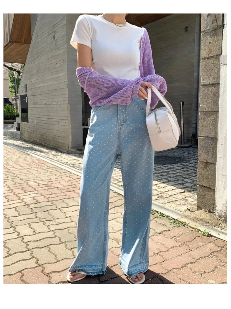 Jeans High Waist Autumn Long Pant Women Polka Dot Print Fashion Ladies Trousers Casual Loose Pleated Woman Pants