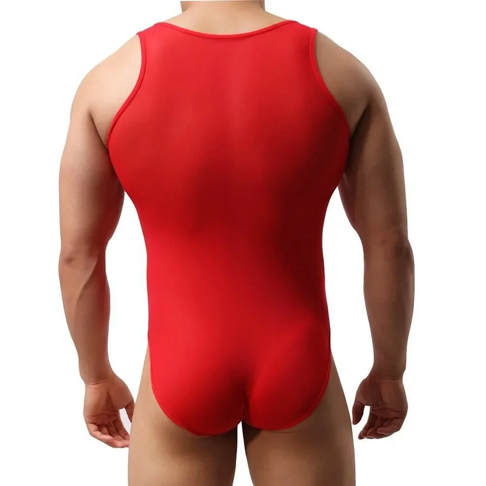 Sexy Slim Men\'s Leotard Bodysuits Bulge Pouch Underwear Lingerie Elastic Sheer Mesh Man Sleeveless Jumpsuits
