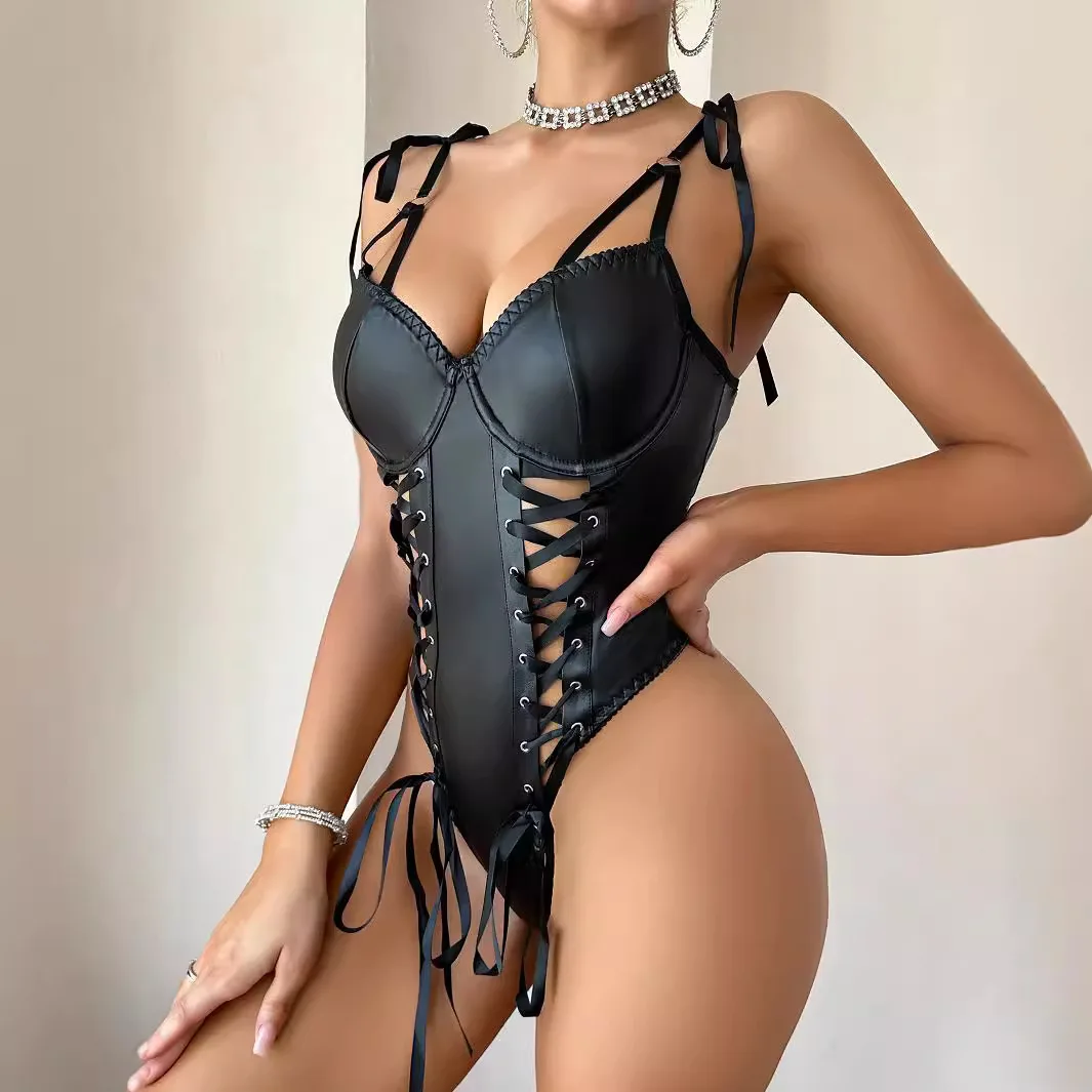 Collant in PU cavo con cravatta di convergenza sexy da donna Intimo tentazione stile europeo americano L245