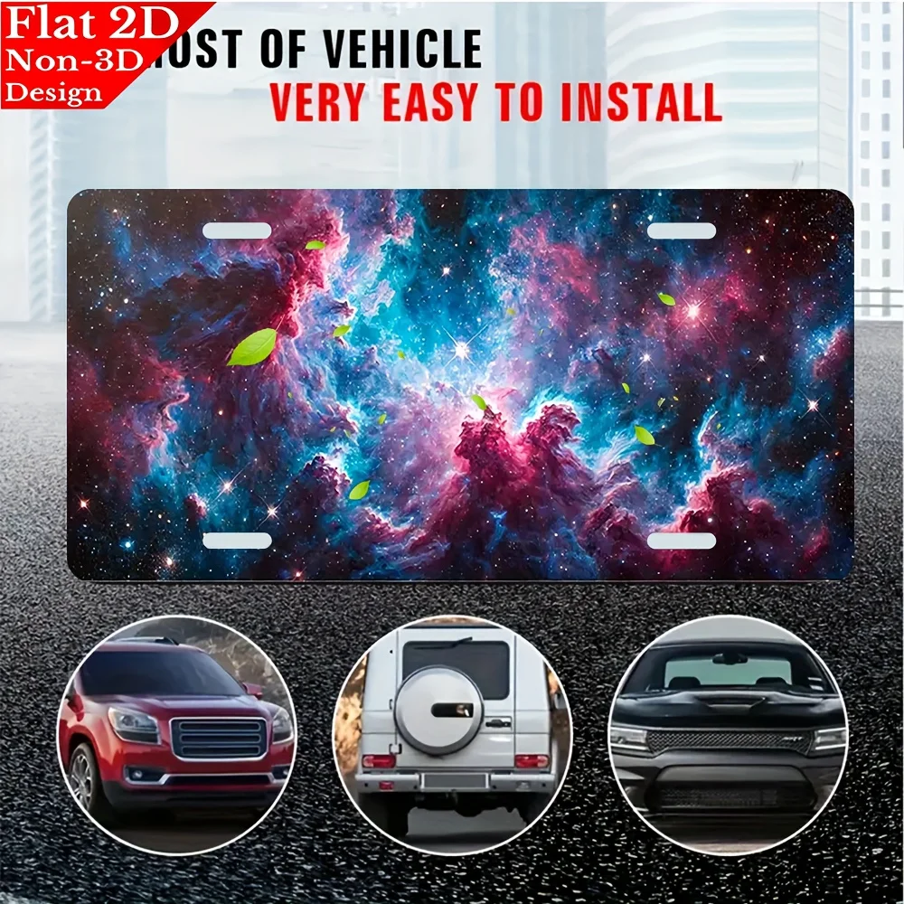 A 2D flat aluminum license plate featuring a vibrant cosmic nebula pattern, and designed solely for decorative purposes
