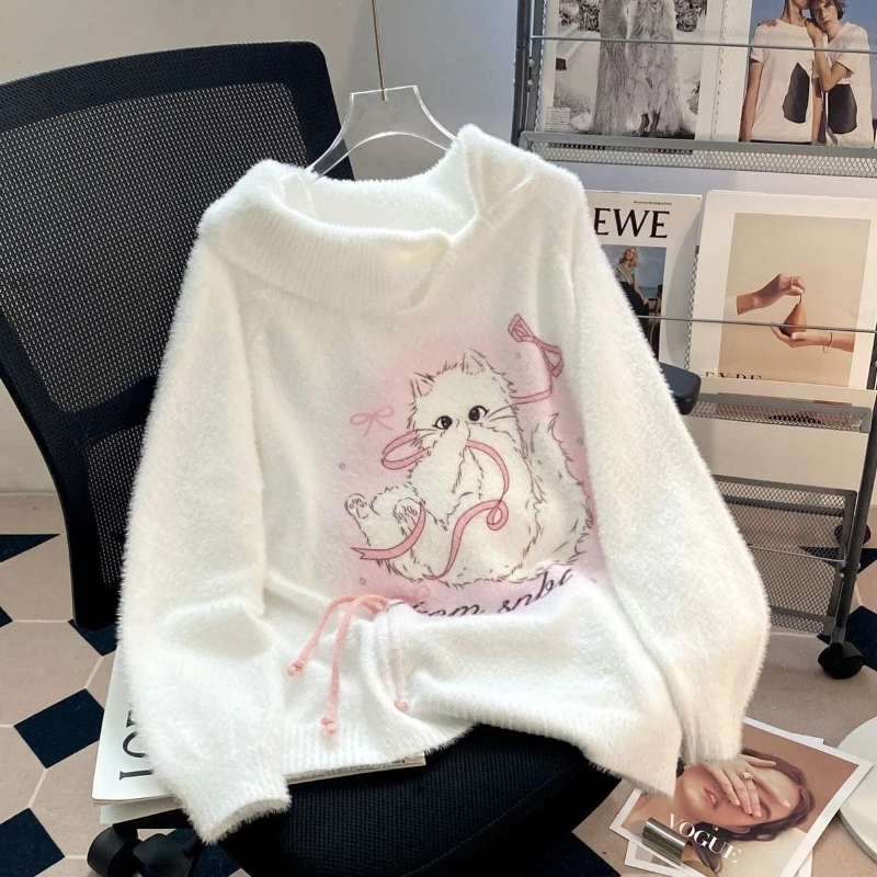 Sweet Kawaii Korean Fashion Faux Mink Fur Knit Sweater Women Cartoon Cat Print Pink Bow Drawstring Hem Loose Fit Casual Outfit