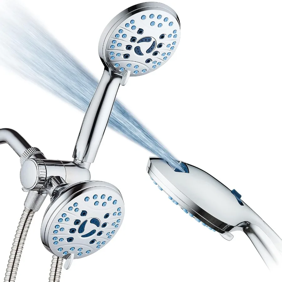 High-pressure 50-setting 3-way Luxury 2-in-1 Dual Showerhead Combo with Built-in 2-mode Power Wash Antimicrobial Nozzles and Bo