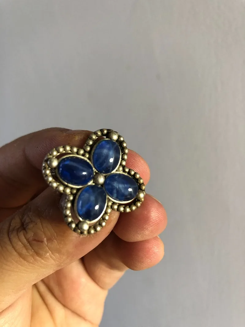 Women's Retro Four‑Leaf Clover Ring, Ethnic Carved Design, Blue Starlight Gem, Elegant Adjustable Open Band Trendy Jewelry