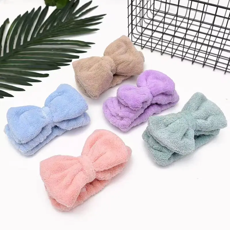 

SPA Bath Shower Big Bow Solid Coral Fleece Headband Women Washing Face Elastic Hair Bands Cute Makeup Hairband Bowknot Headwrap