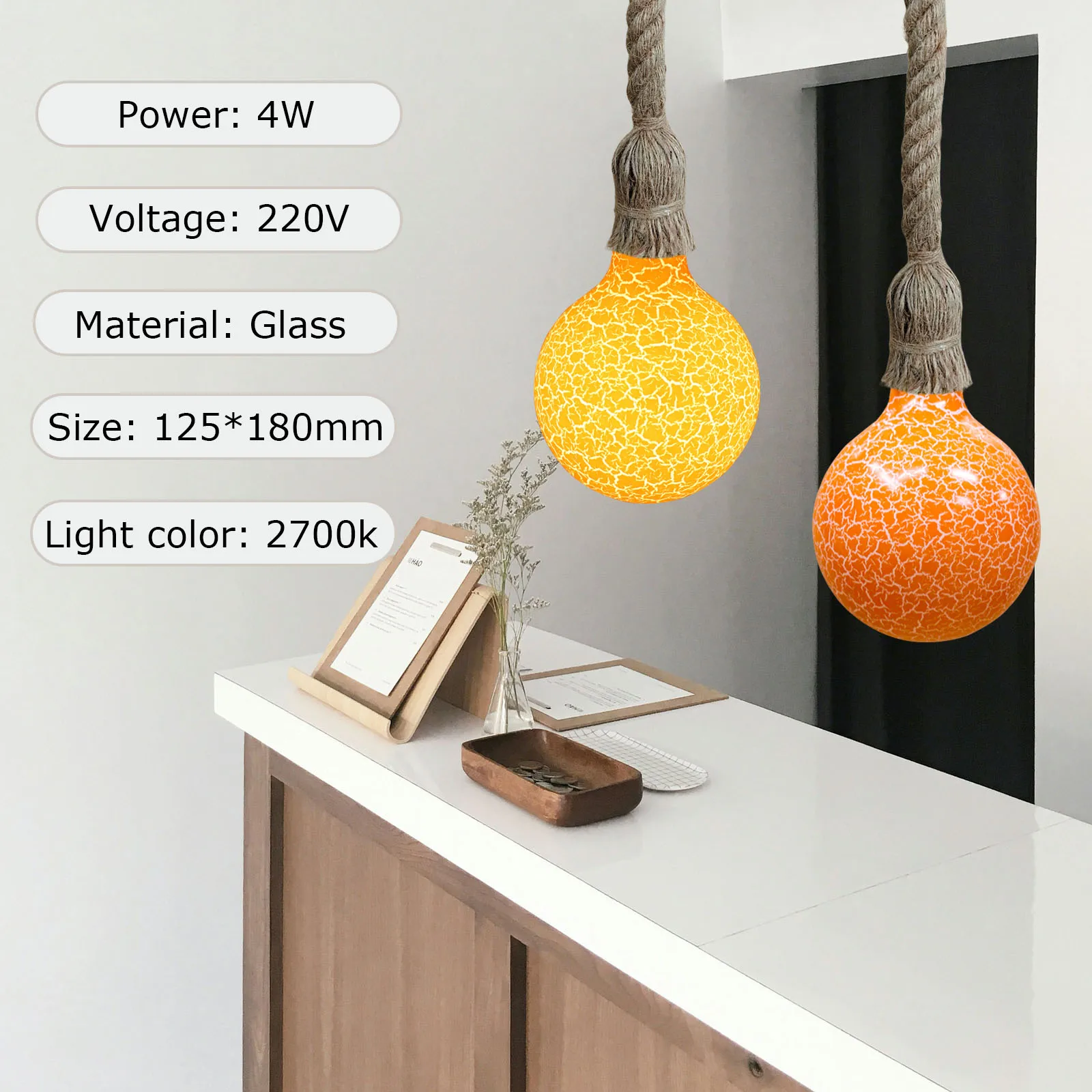 

Hanging Wire Lamp E27 220V 4W Explosion orange Cracks Lamp Cafe Restaurant Home Decoration LED Chandelier Candle Bulb
