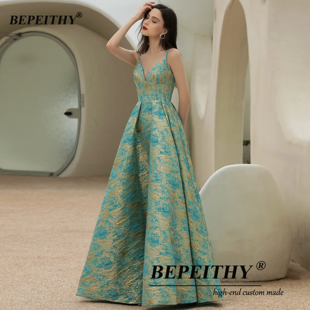 BEPEITHY Customized Jacquard A-Line Prom Dress 2023 Party Dresses Luxury Sexy V-Neck Evening Dress Lace-Up Back Without Panel