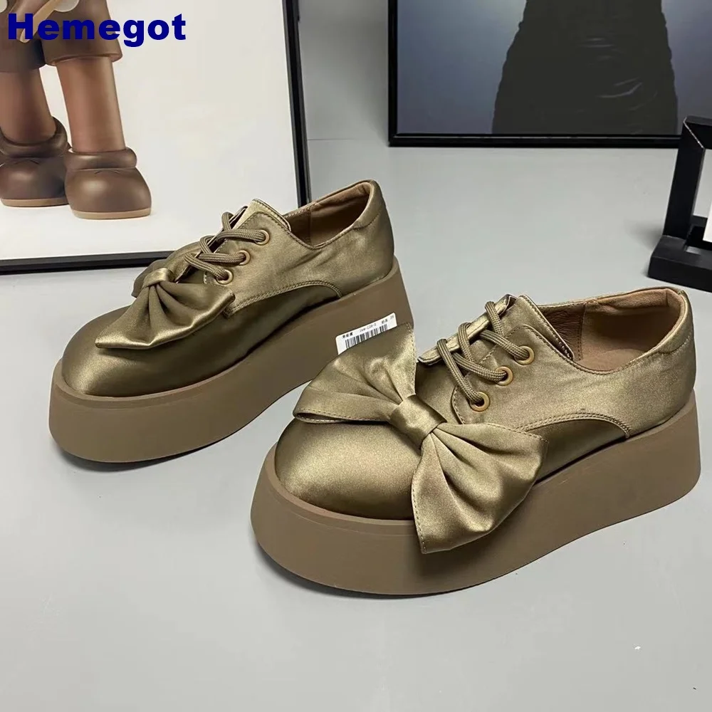 

Platform Bowknot Satin Pumps Black Fashion Ladies Pumps 2024 Summer Casual British Style Round Toe Lace-Up Leather Shoes